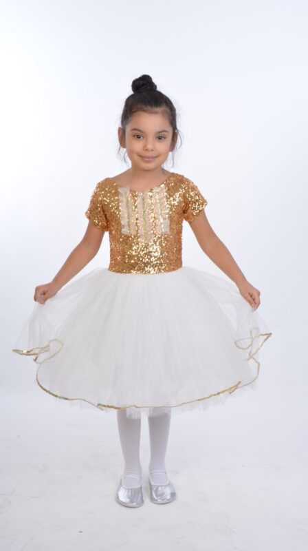 Payet Tişört (Altın) Fiyonklu Tül Etek (Beyaz) Takım